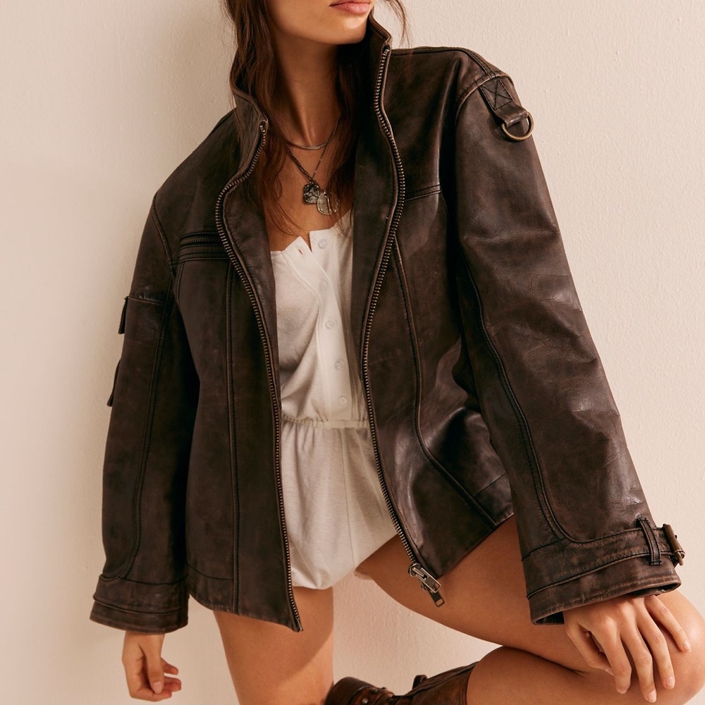 Free People Brown Leather Moto Jacket